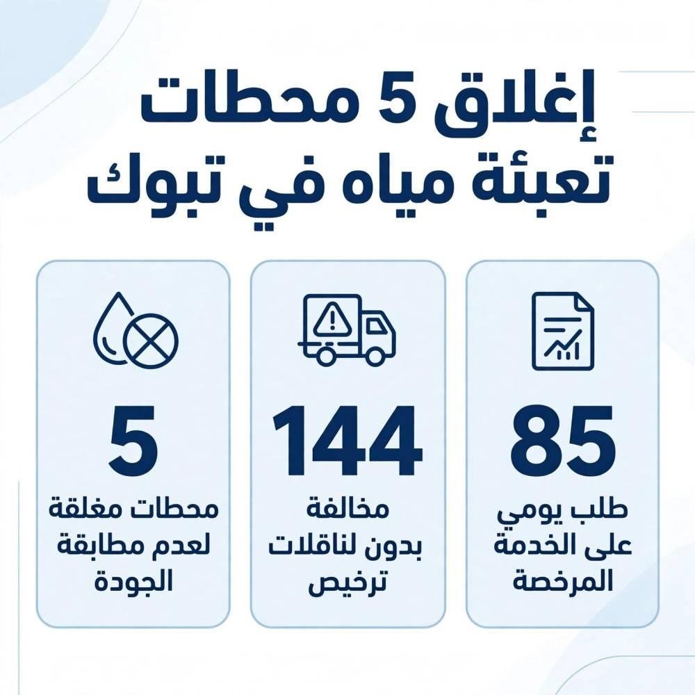 إغلاق 5 محطات تعبئة مياه في تبوك ورصد 144 مخالفة لناقلات غير مرخصة